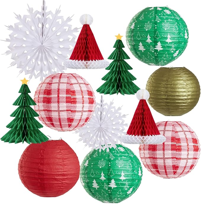 Christmas Hanging Decorations, 12 PCS Paper Lanterns, Honeycomb Christmas Trees, Hanging Paper Fans, Red Green Gold White Holiday Party Supplies for Home Xmas Holiday Party