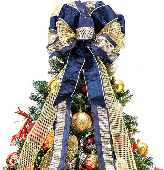 Blue Gold Christmas Tree Bow Topper - 33x13 Inches Large Gift Bow Handmade Decoration for Wreaths