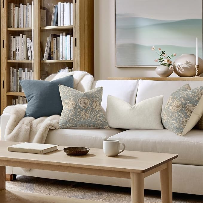 Vintage Floral Print Throw Pillow Covers 18x18 Set of 2 Neutral Modern Farmhouse Pillowcases Accent Decorative Cushion Covers Boho Home Decor for Couch Sofa Chair Bed Living Room, Sky Blue