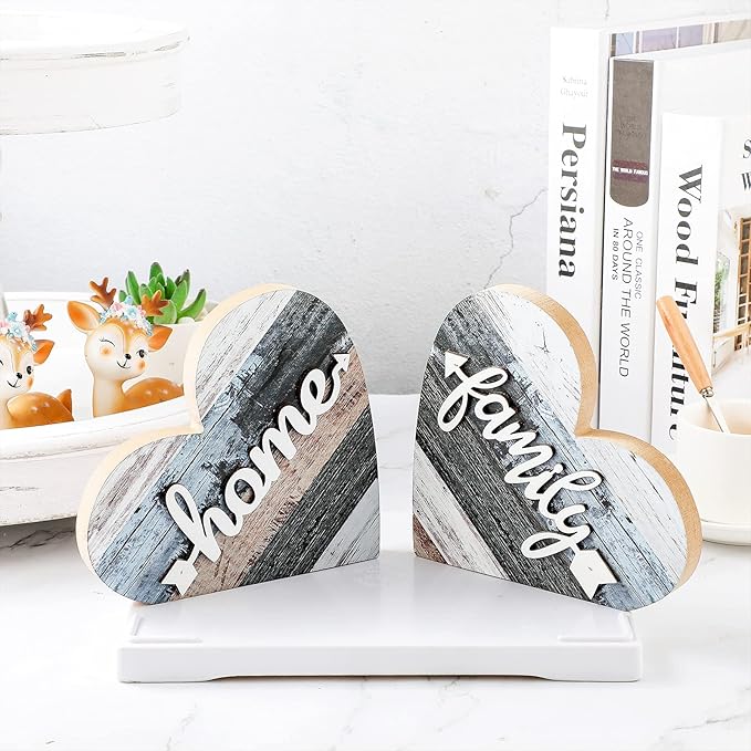 Jetec 2 Pcs Rustic Table Decorations for Living Room Home Decor Farmhouse Valentines Day Centerpiece Small Love Wooden Heart Decor for Dining Room Shelf Valentines Gift Decoration(Simple Style)