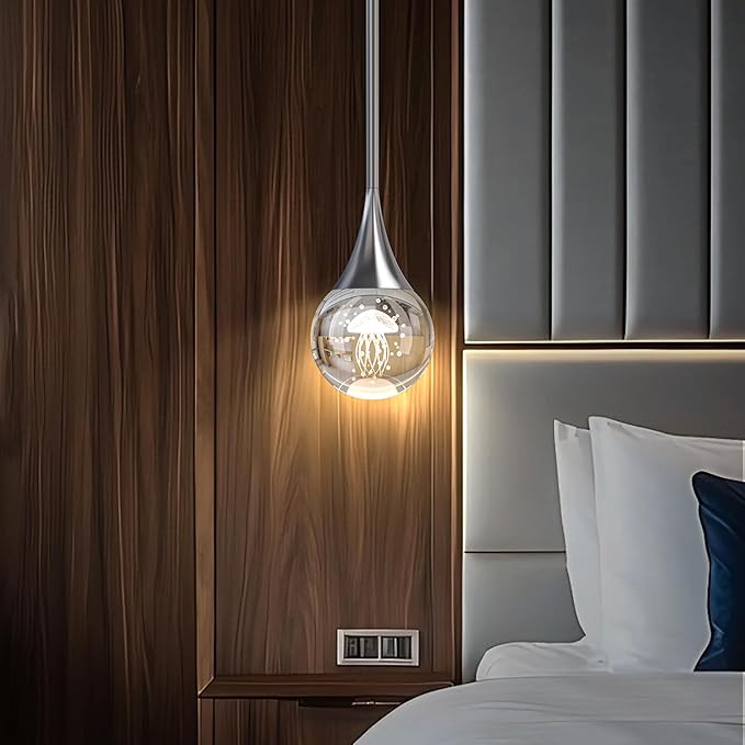 3-Pendant Lights Kitchen Island, Chrome Silver Crystal Globe Ceiling Hanging Light Fxitures, LED Lamp Metal Rod Ceiling Jellyfish Pendant Lighting for Kitchen Dining Room Bar