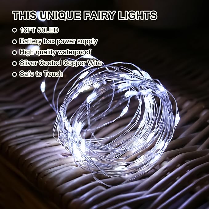 White Fairy Lights Battery Operated (Included), 8 Modes & Auto Timer, 2 Packs 5m 50Led Mini Twinkle Silver Wire Firefly Starry Lights, Waterproof Battery Operated Lights for Wedding Parties