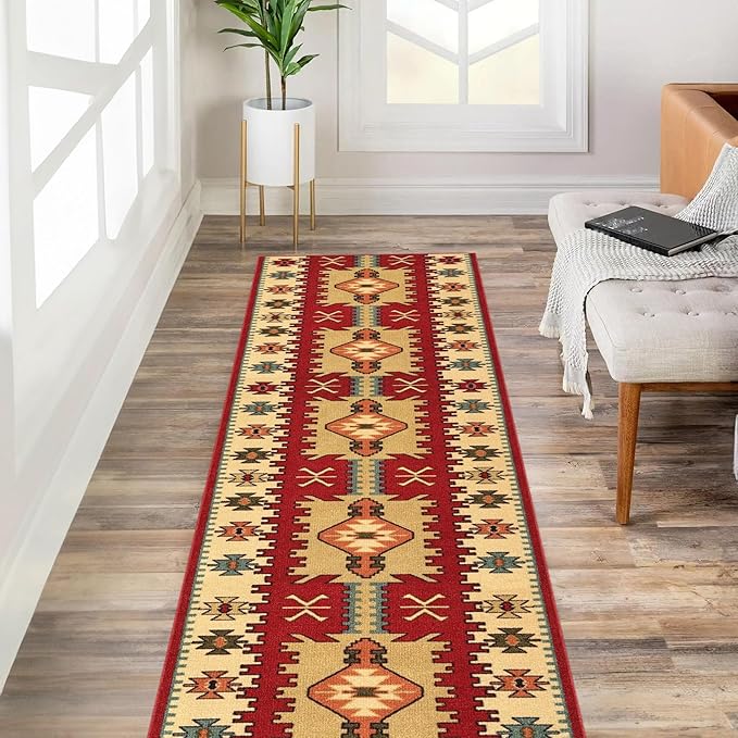 Custom Size Red Bohemian Kilim Rubber Backed Non-Slip Hallway Stair Runner Rug Carpet 31 inch Wide Choose Your Length 31in X 15ft