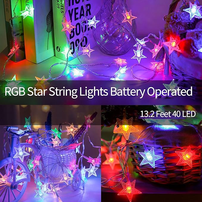 echosari Star String Lights Battery Powered, 13ft 40LED Christmas Star Fairy Light with Timer for Kids Gift Bedroom Wedding Party Decor (Multicolor)