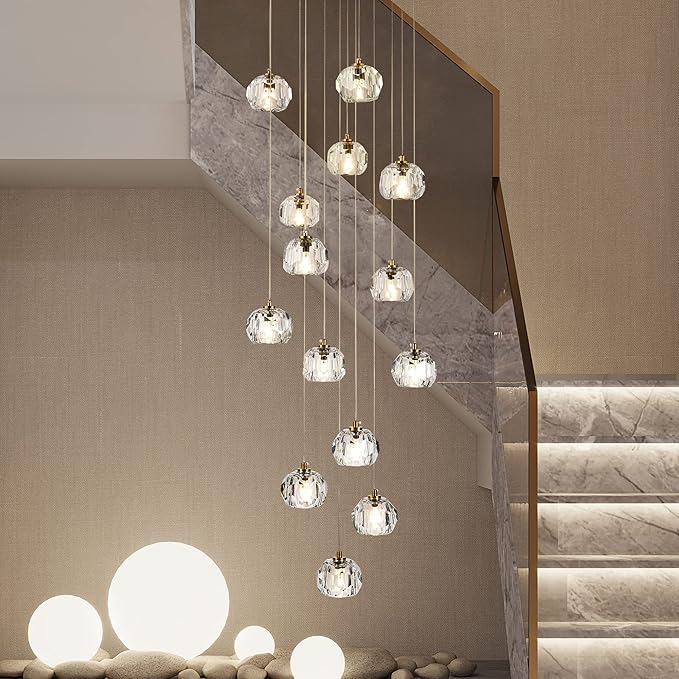 14-Light Crystal Chandeliers, 42W Raindrop Pendant Light Chandelier Large, Brass High Ceiling Chandelier Pendant Lighting with Clear Cut Crystal for Staircase Foyer Living Room