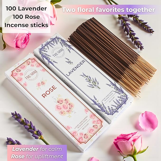 Lavender & Rose - Combo Pack of Incense Sticks - 100 Insence-Sticks of Each Scent - Total 200 Inscents - Inciensos Aromaticos para La Casa - Made with Natural Non Toxic Ingredients