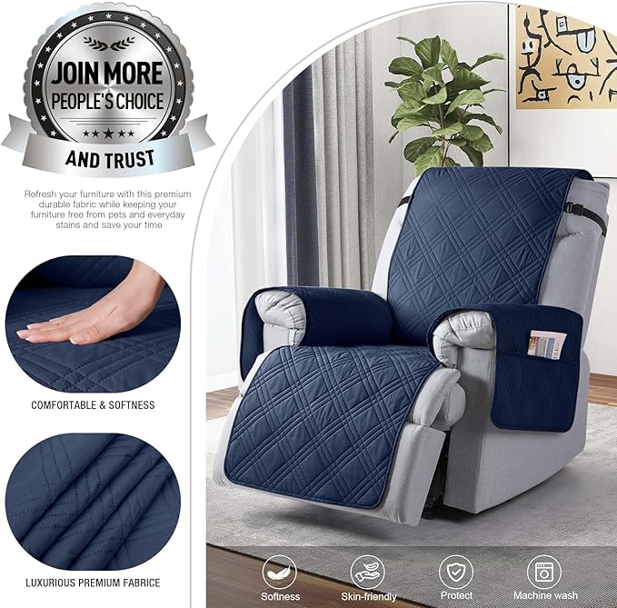 TAOCOCO 100% Waterproof Recliner Chair Cover, Small Recliner Covers for Recliner Chair with Pocket, Non Slip Reclining Chair Cover Furniture Protector for Kids, Pets(20'', Navy Blue)