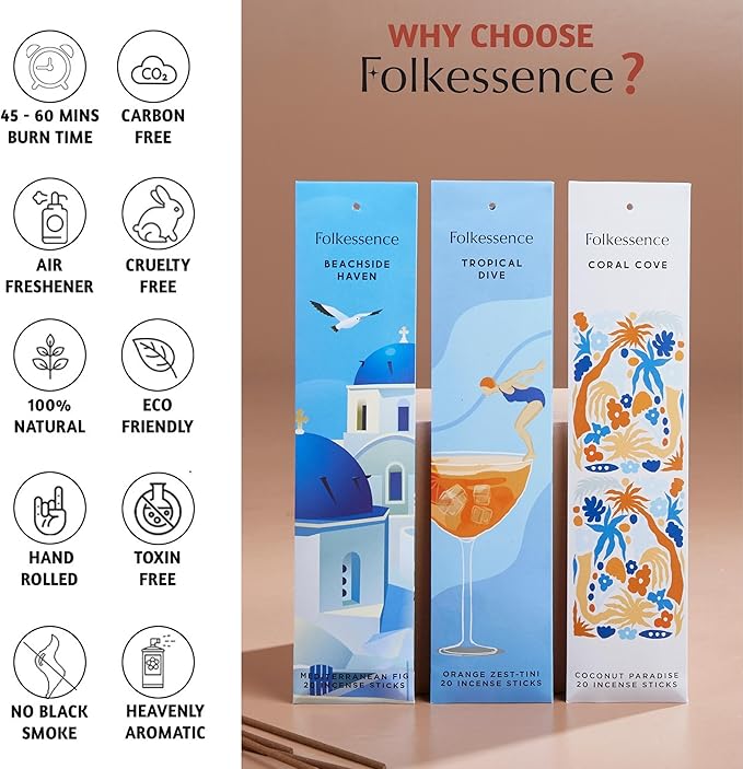 Folkulture Incense Sticks | Set of 6 Insenses (120 Sticks) with 45 Mins Burn Time | Orange Zest, Blue Oud, Aqua Crest, Coconut Paradise | Organic Mediterranean Fig Inscents, Non-Toxic Inscents-Sticks