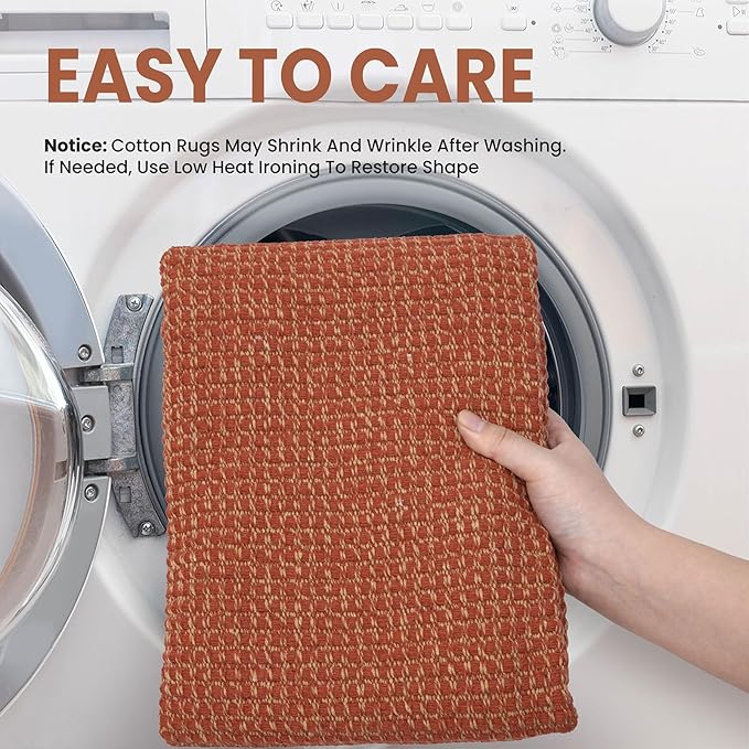 EARTHALL Woven Area Rug 4x6 Ft Washable Rugs for Entryway Non Slip Braided Throw Rugs Bedroom Carpet Cotton Entry Rug Cotton Floor Carpets for Bedroom Dining Room Living Room, Rustic Orange/Tan