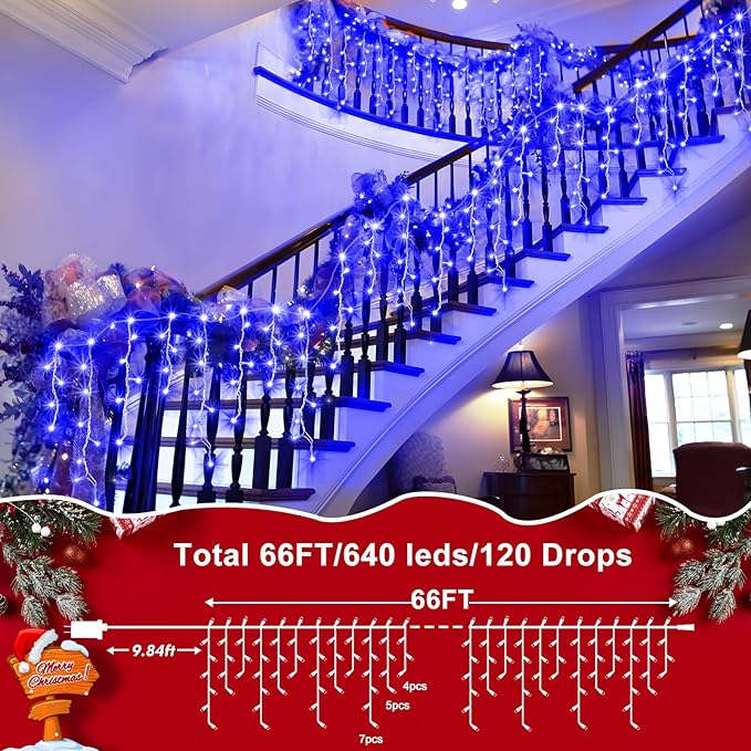 XURISEN 66ft Christmas Lights Decorations Outdoor, 640 LED 8 Modes Curtain Fairy Lights with 120 Drops,Plug in Waterproof Timer Memory Function for Christmas Holiday Wedding Party Decor(Blue)