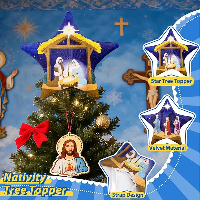 Eyourlife Jesus Nativity Tree Topper, 8 Inch Velvet Christmas Star Tree Topper with Tree Tie Straps Double-Layer Sponge Tree Decoration for Family Winter Holiday Party Supplies and Gifts