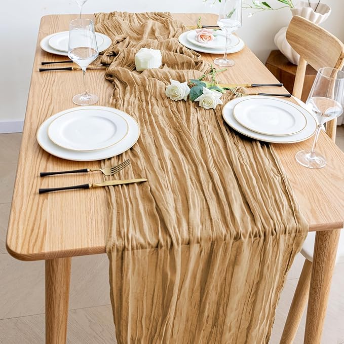 Wokceer Cheesecloth Table Runner 3Pack 10FT Khaki Boho Gauze Cheese Cloth Table Runner for Party Long Rustic Sheer Table Runners for Baby Bridal Shower Wedding Easter Table Decor
