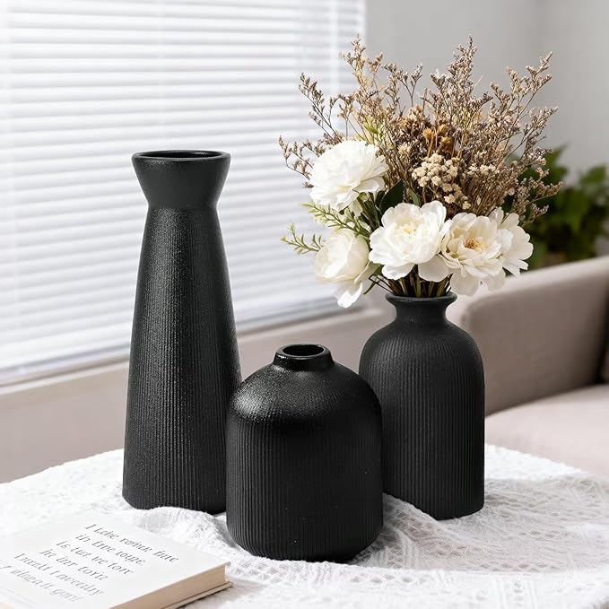 Christmas Black Ceramic Flower Vases Set of 3, Large Xmas Gift Vases with Vertical Stripe Texture, Modern Decorative Vases for Dried Flowers, Home Decor for Living Room Bedroom Kitchen Shelf