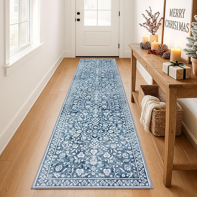 Vintage 2x8 Hallway Runner Rug, Blue and White Washable Rug, Non-Slip Super Soft Kitchen Runner Rug, Print Faux Wool Floral Thin Carpet for Entryway Bedside