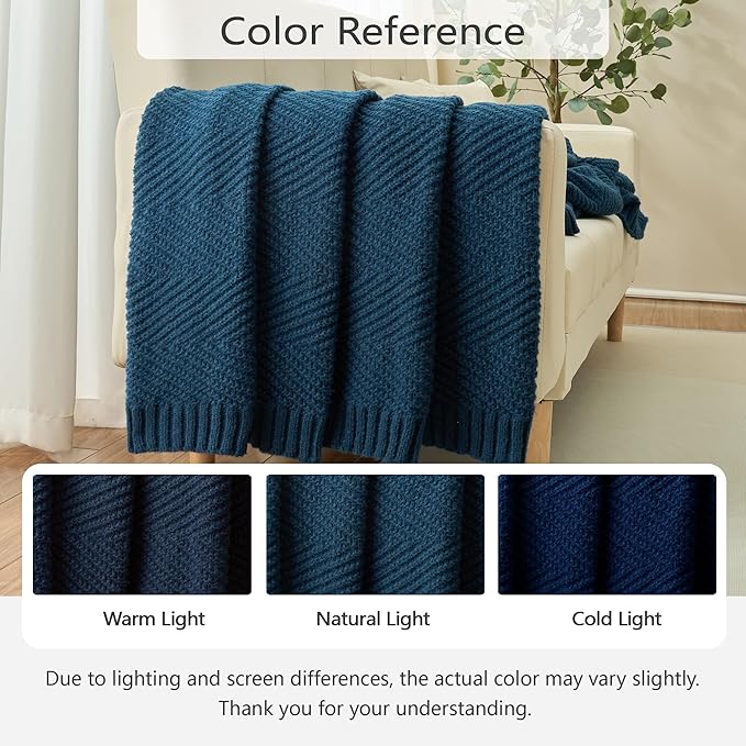 Knitted Throw Blanket 50"X60", Navy Blue Knit Throws for Bed, Super Soft Boho Chevron Blankets for Couch Sofa Chair Room Decor, Textured Decorative Farmhouse Cozy Lightweight