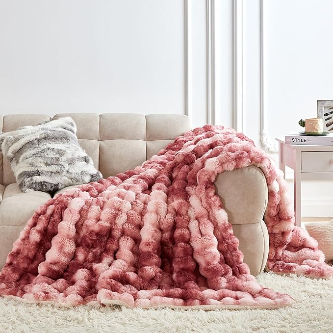 60x80 Inches Ultra-Soft Fuzzy Faux Fur Plush Twin Size Blanket - Thick, Warm Sherpa for Couch, Sofa, Bedroom, Camping - Decorative Blanket for Cozy Warmth, Bubble Dusty Rose Tie Dye