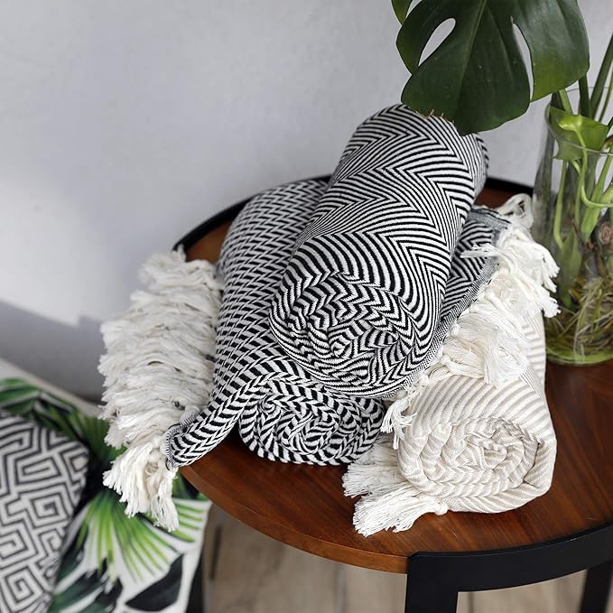 Peshtemania Premium Cotton Light Weight Boho Throw Blanket 50”x60” Gray Black and Off White for Bed Chair Couch Farmhouse Turkish Throws for Sofa Bedroom Outdoor Fall Throw Blanket Yoga Blanket