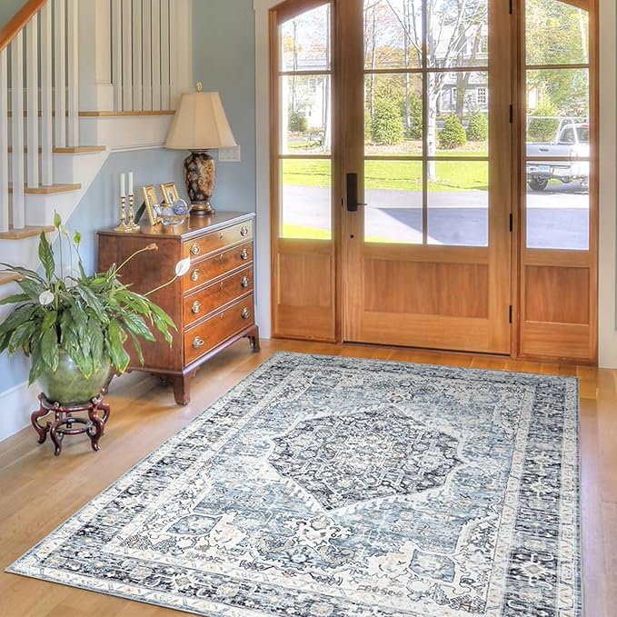 Runner Rug 2×8, Vintage Boho Rug,Ultra-Soft Low Pile, Washable, Non Slip,Stain Resistant Printed Carpet for Hallway Kitchen Living Room Bedrooms Playroom Office, Light Blue