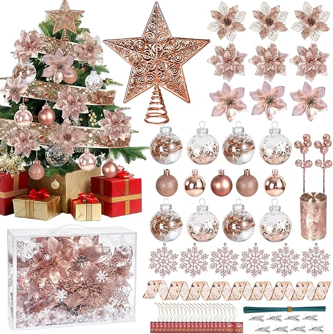 76PCS Christmas Tree Decorations Set, Rose Gold Christmas Ornaments Decoration Artificial Poinsettia Flowers with Star Tree Topper Berries Mesh Ribbons Snowflakes for Holiday Xmas Tree Decor