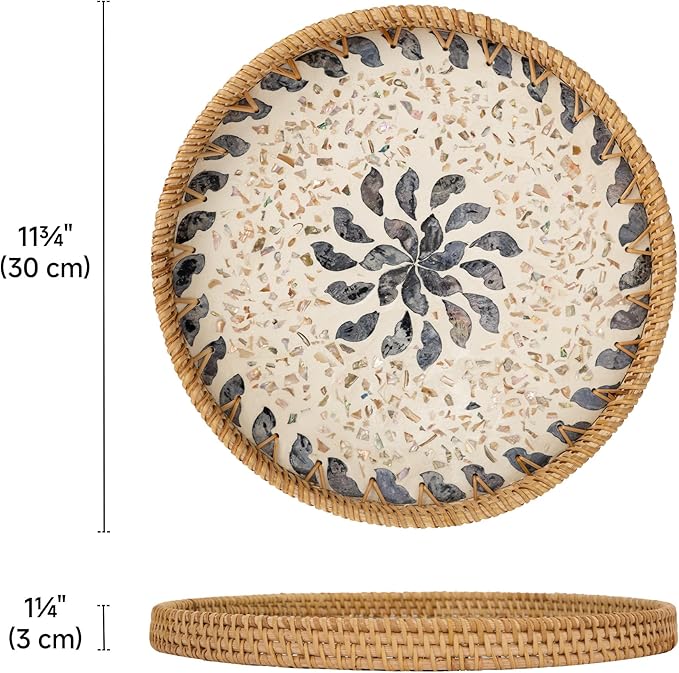 StorageWorks Decorative Coffee Table Trays for Home Decor, Round Rattan Tray with Mother of Pearl Inlay, Small Wicker Woven Serving Tray Decor for Kitchen Counter, Living Room and Ottoman, Blue