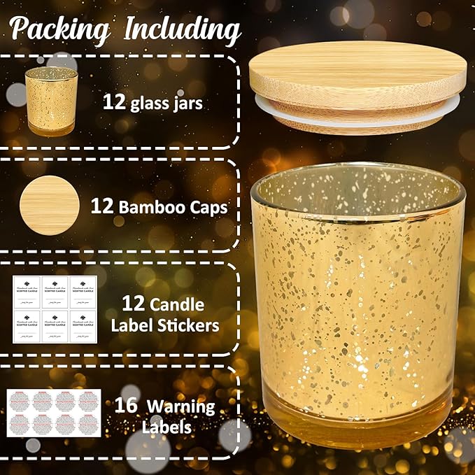 12 Pack Glass Candle Jars-10oz Golden Empty Candle Jars with Bamboo Lids, Bulk Candle Jars for Gold Wedding Centerpieces for Table Decorations, Gold Party Bridal Shower Decorations