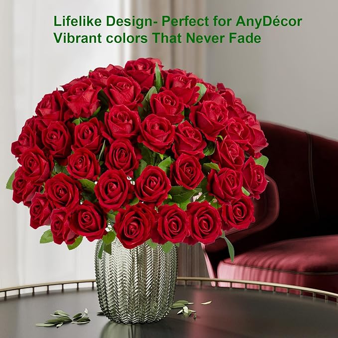 19.6" Artificial Flowers Roses Touch Fake Rose Bouquet Flower Stem for Wedding Centerpieces DIY Wreath Home Decorations Silk Roses Mothers Party Fake Outdoor Flowers Decor(50PCS Red)