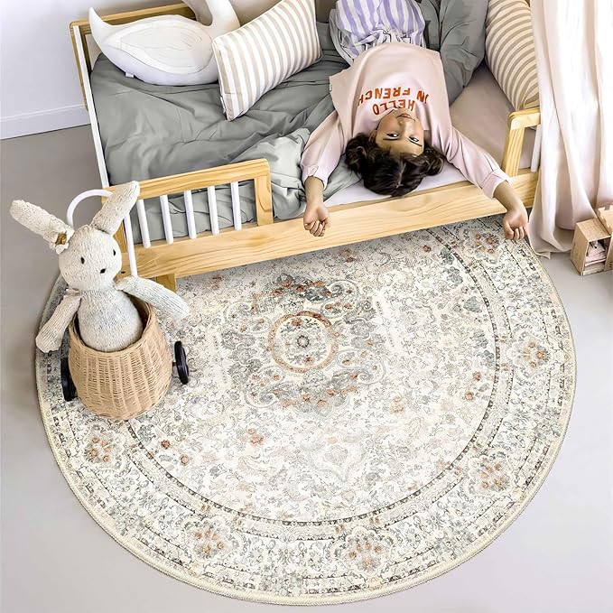 Boho Round Rug 4ft,Washable Circle Area Rugs for Bedroom Bathroom Entryway,Beige Vintage Bohemian Distressed Oriental Floral Carpet Non Slip