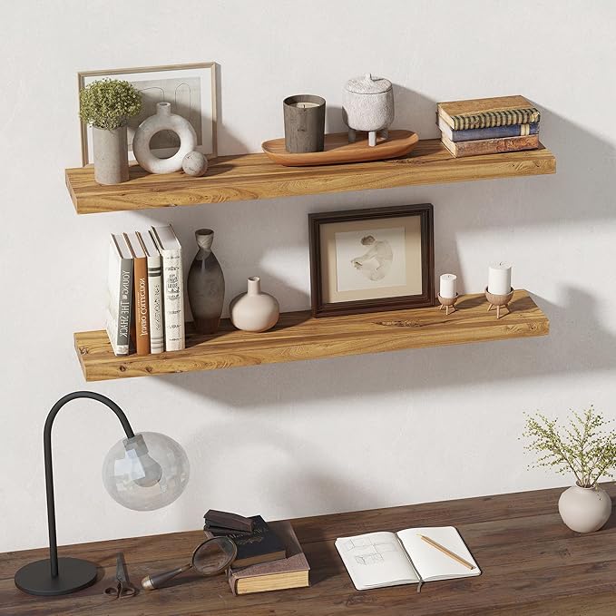 Rustic Wood Floating Shelves for Wall Decor, Elm Wood Shelves 48 Inch Long, 8 Inch Deep Floating Shelf with for Living Room Bathroom Bedroom Kitchen, 48 x 8 Wall Shelves Set of 1, Natural Color