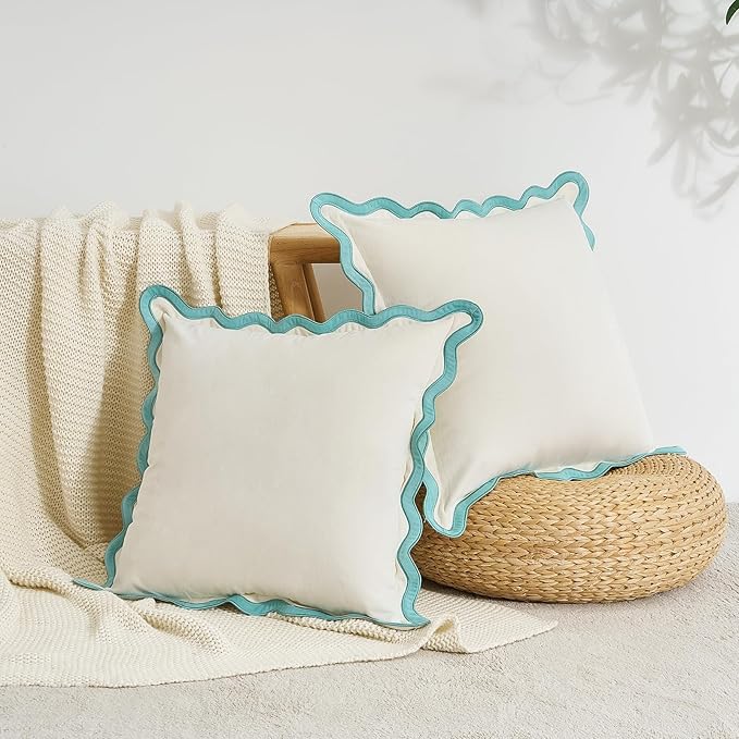 MONDAY MOOSE Decorative Throw Pillow Covers Cushion Cases, Set of 2 Soft Velvet Scalloped Wavy Edge Designs, Mix and Match for Home Decor, Pillow Inserts Not Included (18x18 inch, White/Light Blue)