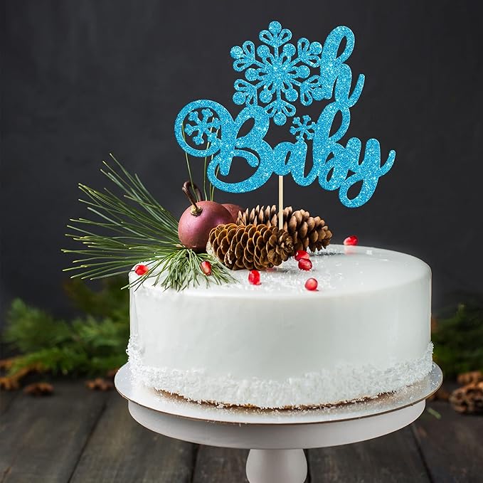 Gyufise 1 Pack Oh Baby Cake Topper Glitter Snowflake Baby Shower Cake Pick Decorations for Winter Theme Kids Birthday Party Supplies Blue