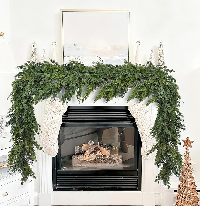 Lvydec Christmas Pine Garland Greenery Decoration, 6ft Realistic Cedar Branches Pine Leaves Cypress Garland for Holiday Mantel Fireplace Table Centerpiece