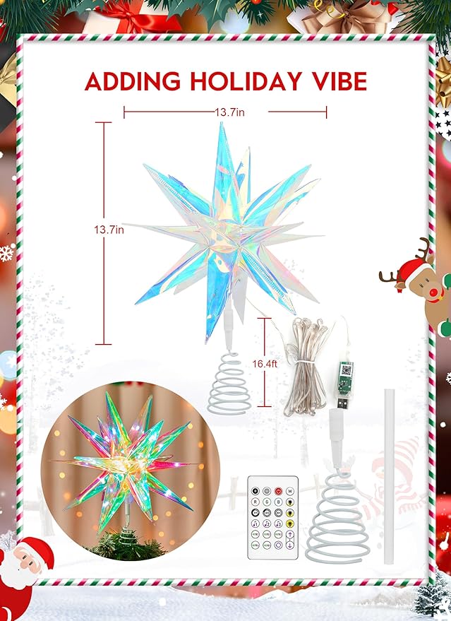 Brightown Smart Christmas Tree Topper Star, Built-in 36 Bulbs Lighted MoravianStar, RGB Color Changing W/App Control USB Powered Christmas Tree Star Topper Music Sync, Multicolor Moravianstar 13.7"