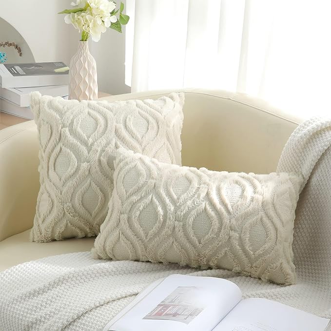 decorUhome Throw Pillow Covers 26x26 Inch Set of 2, Soft Plush Faux Wool Beige Solid Couch Pillow Covers, Accent Farmhouse Neutral Square Pillow Cases for Sofa Bed Living Room