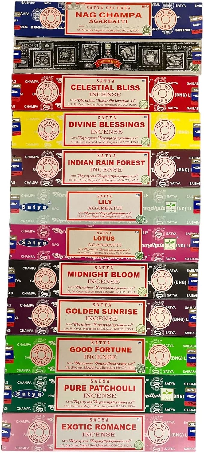 Satya Bangalore (BNG) Set of 12 NagChampa SuperHit CelestialBliss DivineBlessings ExoticRomance GoldenSunrise IndianRainforest MidnightBloom PurePatchouili GoodFortune Lotus Lily, VarietyPack08