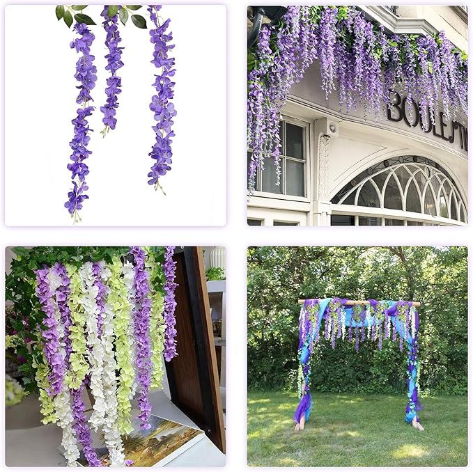 DearHouse 6 Pack 3.75 Feet/Piece Artificial Fake Wisteria Vine Ratta Hanging Garland Silk Flowers String Home Party Wedding Decor (Purple)