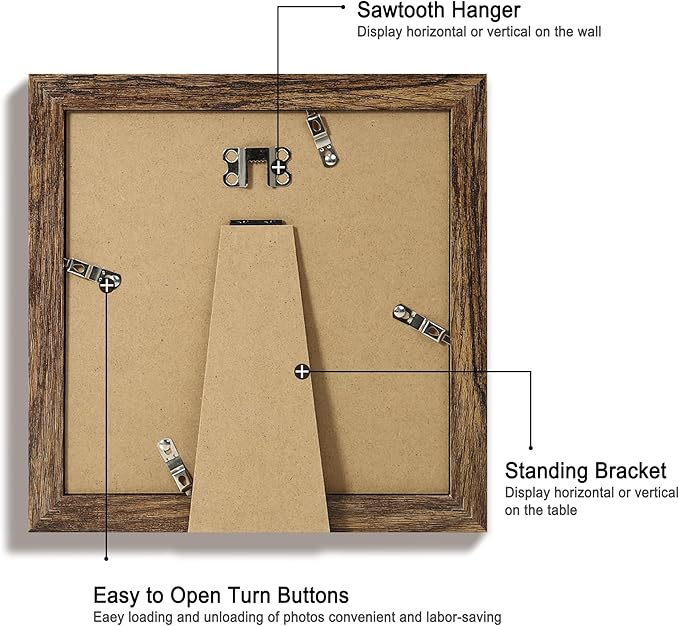 iRahmen 8x8 Picture Frame Set of 4 with HD Glass, Display 6x6 Pictures with Mat or 8 x 8 Without Mat, Rustic Wood Photo Frame for Wall Mount and Tabletop Display