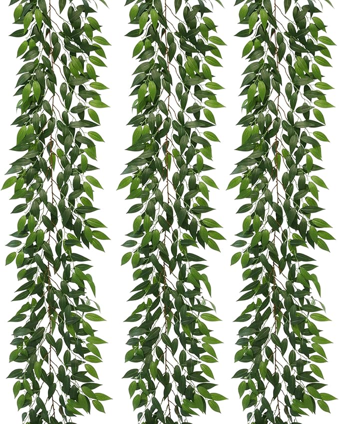 3 Strands Italian Ruscus Artificial Vines, 73" Silk Vine Garland with Green Leaves, Fake Hanging Plants Greenery Decor for Home, Bedroom, Wall, Party, Wedding Decoration