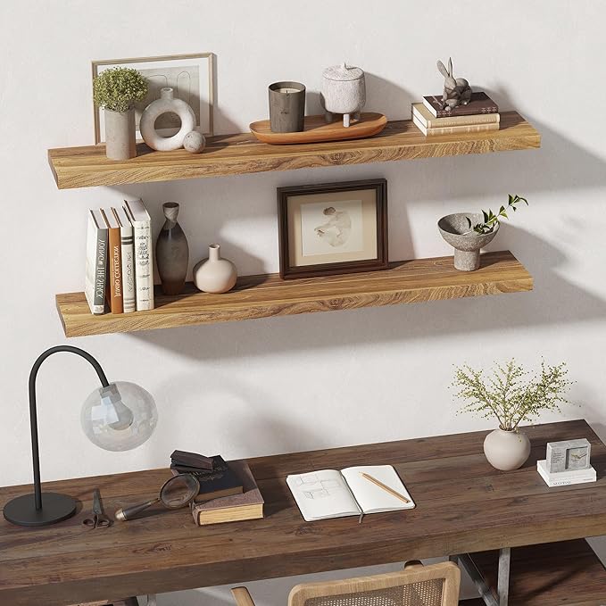 55 Inch Floating Shelves for Wall, Solid Elm Wood Wall Shelf for Home Decor, 8 Inch Deep Floating Shelf for Storage, 55 x 8 Wooden Shelves for Bathroom Living Room Kitchen, Natural Color, Set of 1