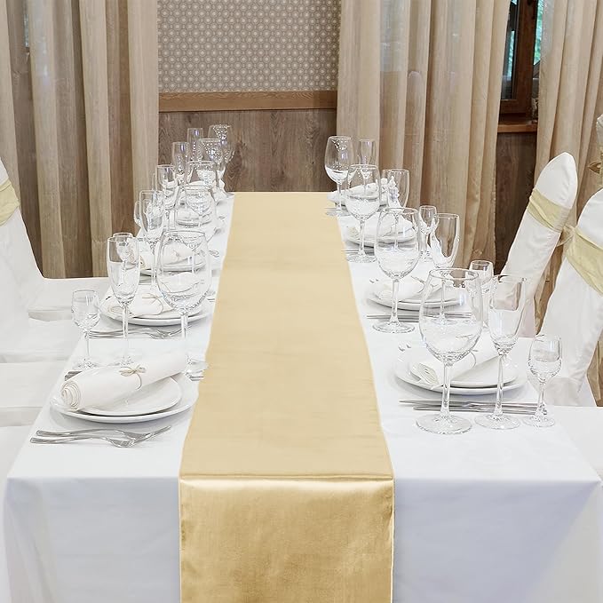 Aneco 4 Pack Satin Table Runner 12 x 108Inch Long Bright Silk and Smooth Fabric Party Table Runner for Wedding Banquet Party Decoration-Champagne