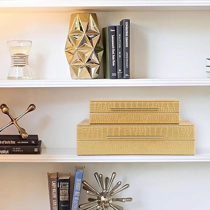 HofferRuffer Faux Leather Decorative Boxes Set of 2, Large Nesting Keepsake Box Accessory Organizer Jewelry Organizer with Hinged Lid, Stacking Storage Box Container for Home or Office (Gold)