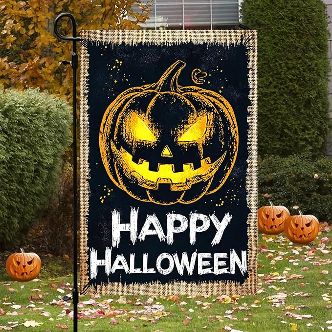 Halloween Garden Flag Burlap Style 12x18 Inch Happy Halloween Pumpkin Banner Vintage Jack O Lantern Yard Flag Double Sided Rustic Fall Outdoor Decor Spooky Porch Lawn Holiday Welcome Sign