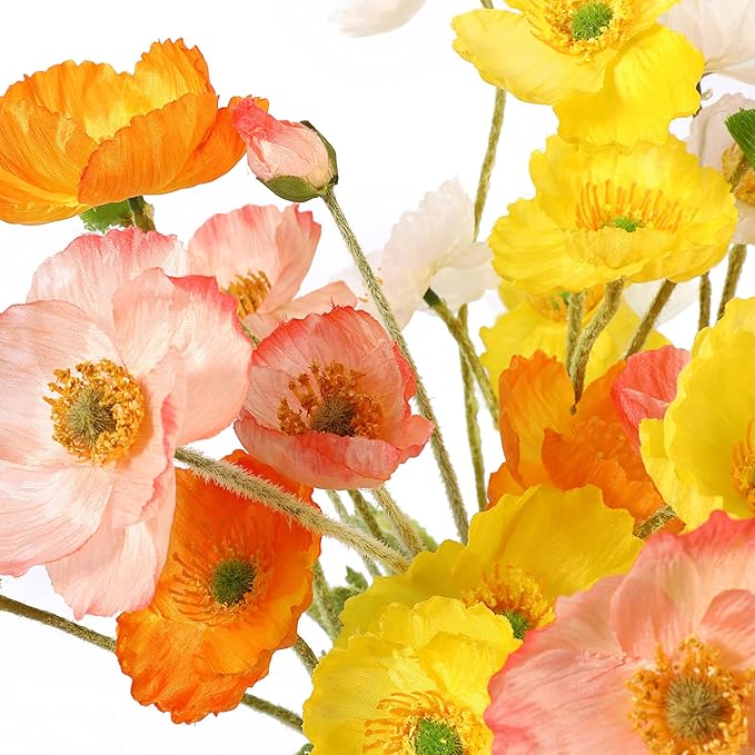 Artificial Poppy Flowers, 8 Bundles Faux Poppies with Stems for Floral Arrangements - Wedding, Home, Office, Party Table Centerpiece Decor