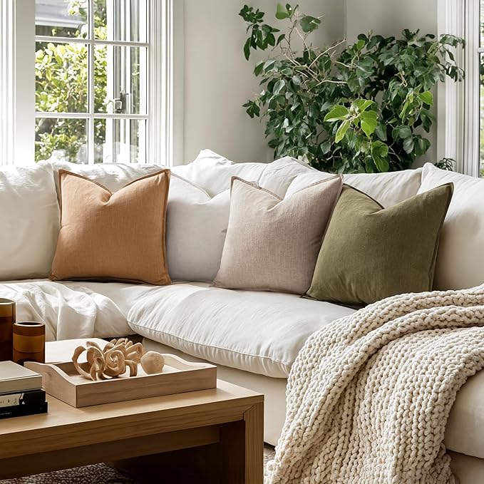 MIULEE Brown Linen Pillow Covers Pack of 4 Decorative Natural Solid Throw Pillow Covers Soft Accent Boho Farmhouse Couch Pillowcases Modern Home Decors for Living Room Bed Sofa 18x18 Inch
