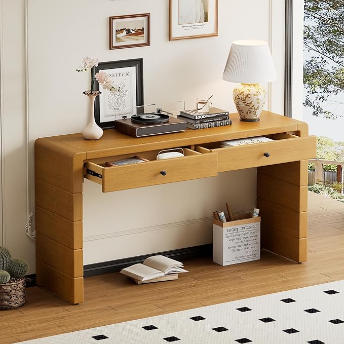 Unique Curved Console Table with 2 Top Drawers, Versatile 55'' Long Accent Entryway Table Sofa Table for Entrance, Hallway, Dinning Room, Living Room (Natural-2.25)