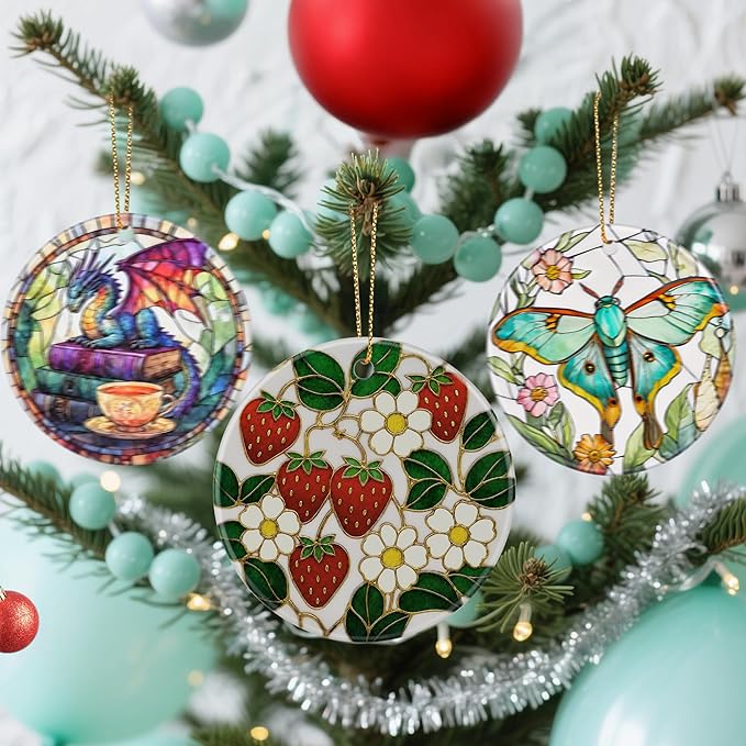 Christmas Ornaments, Dodosky 2.8in Ceramic Strawberry Flower Ornament, Xmas Decor, Christmas Tree Ornaments, Xmas Decorations for Tree, Holiday Ornament, Gift Ideas, Gifts for Mom & Grandma