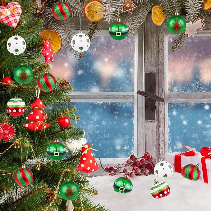 Christmas Ornaments Balls - 30 Pcs 2.4 Inch Shatterproof Plastic Christmas Balls Sets, Red Green & White Small Christmas Tree Ball Hanging Ornaments for Holiday Wreath Party Christmas Tree Decor (D)