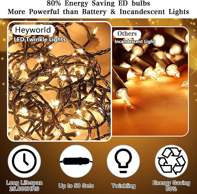 Heyworld Soft Twinkle Lights, 50 LED Warm White, Slow Twinkling, 14.58 Ft Green Wire Cord, UL Approved, Indoor/Outdoor (Pack of 2)