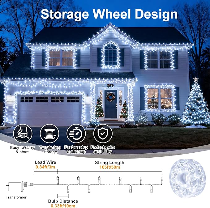 LED String Lights, 165FT 500LED 30V Plug in Waterproof String Lights with 8 Modes for Indoor and Outdoor Party Wedding Home Patio Lawn Garden Supplies (Cool White)