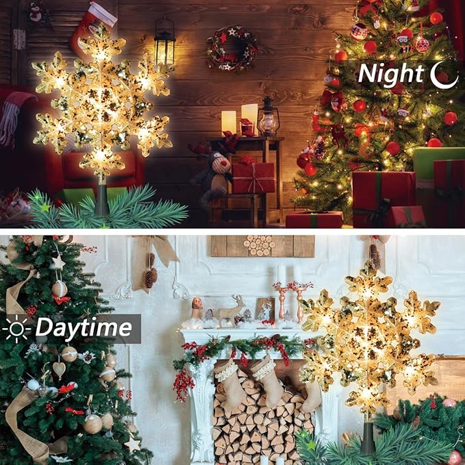 LAMPHOME 8.25" 10L Lighted Gold Snowflake Tree Topper，Glittering Snowflake Christmas Tree Topper, Warm White