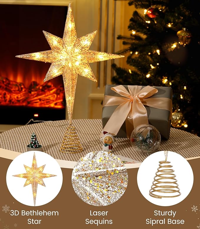 Luxspire Christmas Tree Topper, Lighted Star Tree Topper with USB Plug-in & Remote Control, 10" LED Christmas Decorations Light, Xmas Trees Vintage Ornament for Home, Bethlehem Star-Champagne Gold